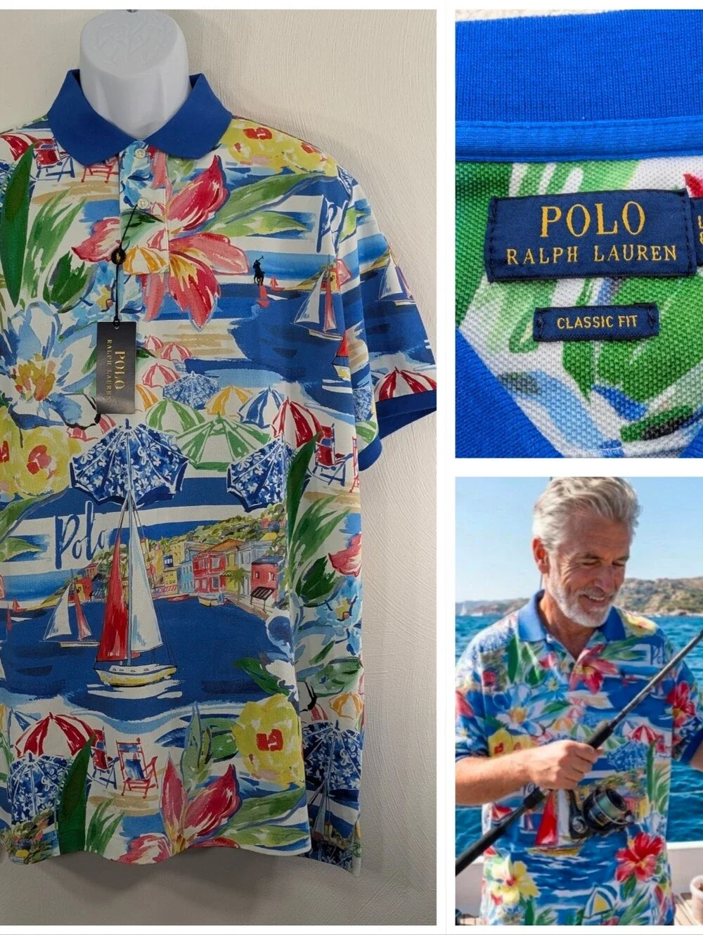 NEW Polo by Ralph Lauren Large Riviera Print Mesh Cotton Polo Tropical Sailboat